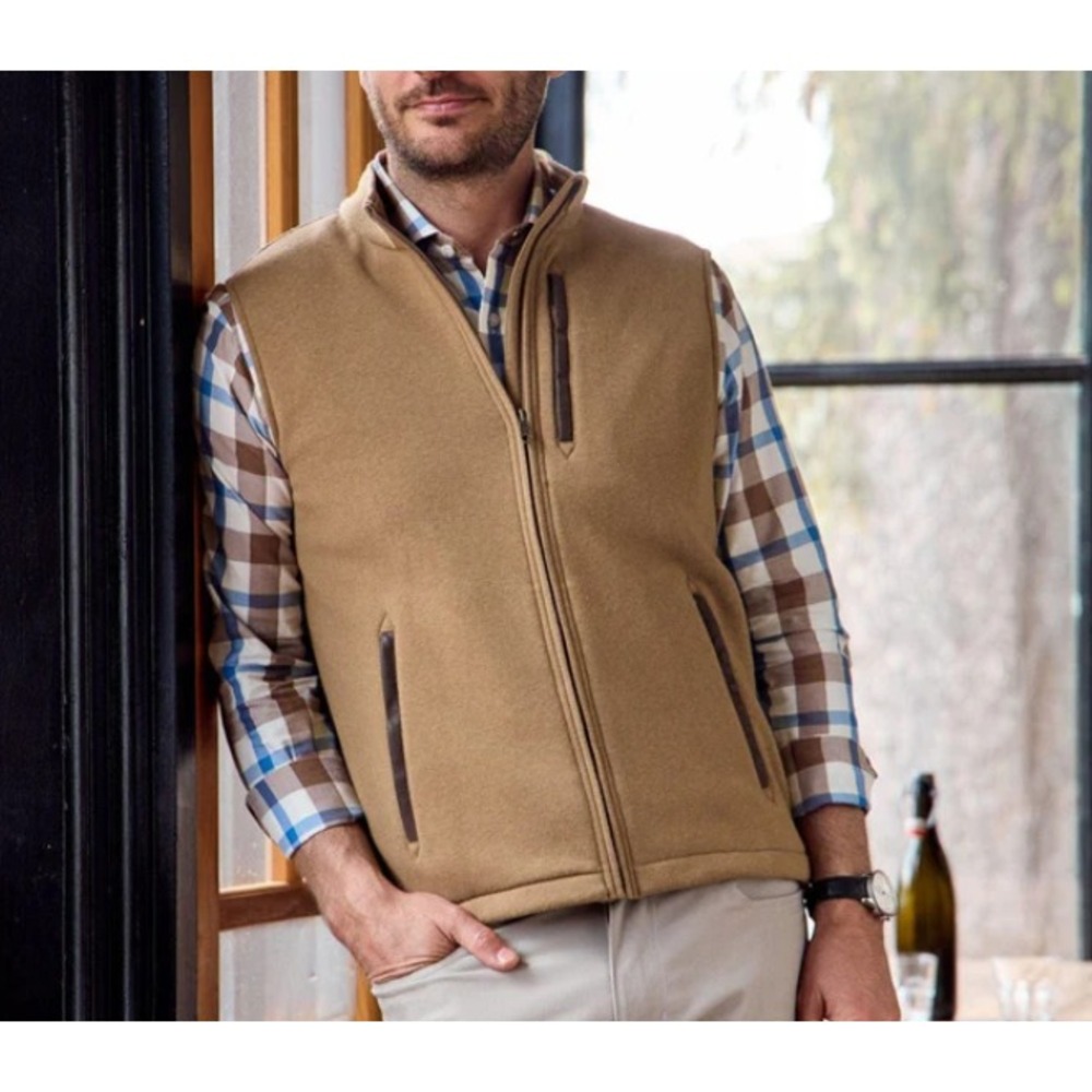 Tom Beckbe Warren Fleece Vest Mens Small Full-Zip Poly/Wool Blend Otter Tan NEW